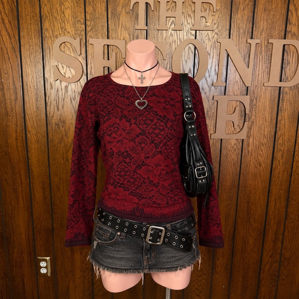 Red Whimsigoth Lace Print Long Sleeve Susan Bristol Womens M Romantic Goth Boho